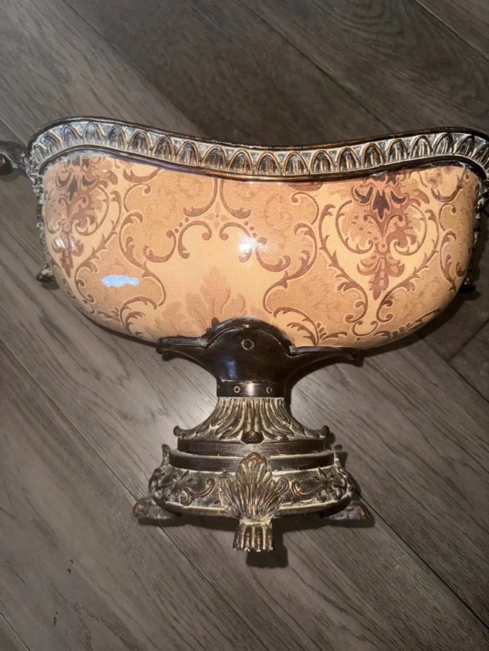 Ornate Decorative Pedestal Bowl - tan and Antique like brown